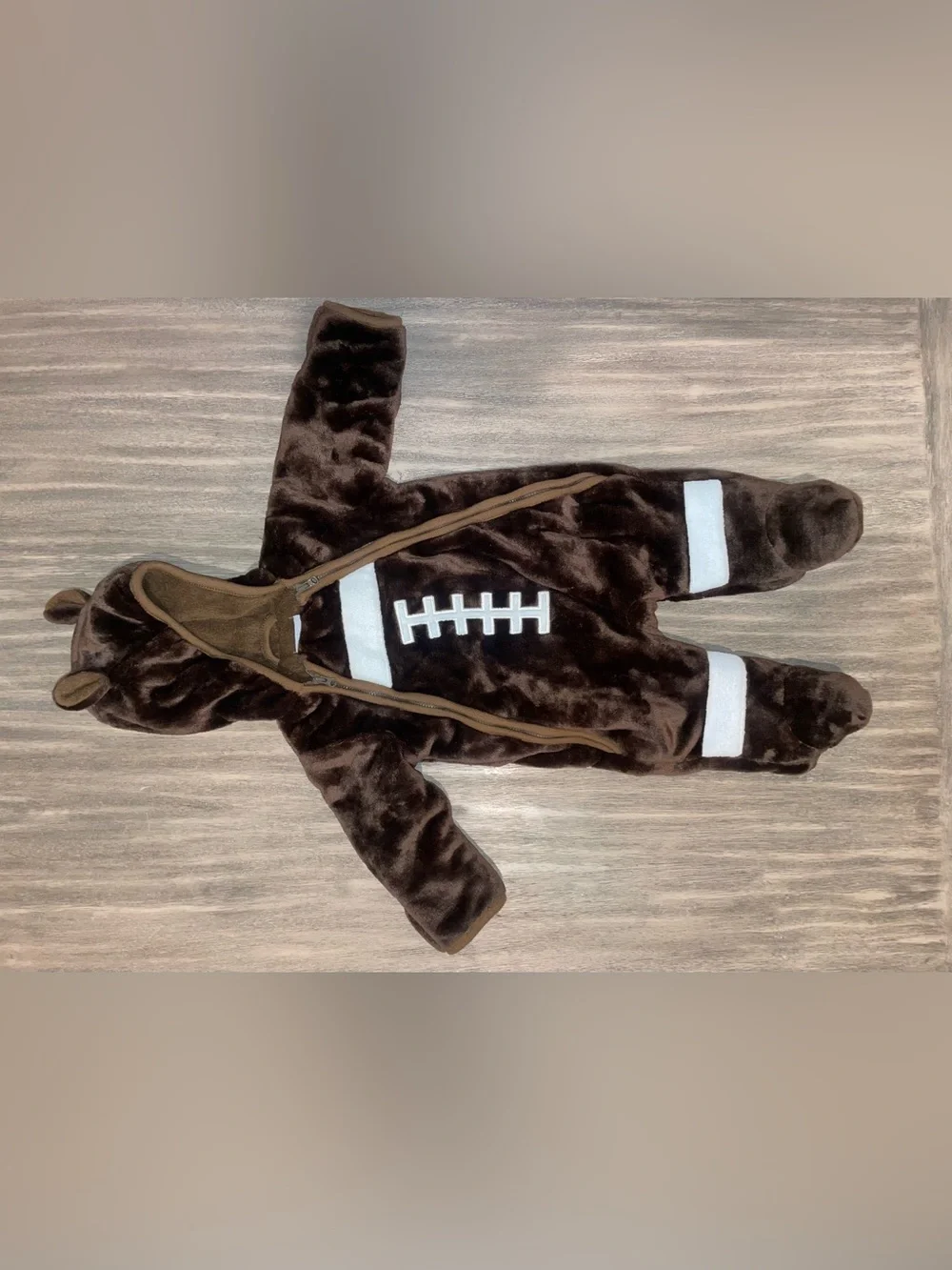 Plush Brown Football Baby Bunting One-Piece Hooded Winter Snowsuit